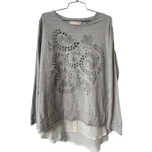 4LoveAndLiberty Top Size Large Crewneck Embroidered Eyelet Layered Hem Gray Cozy